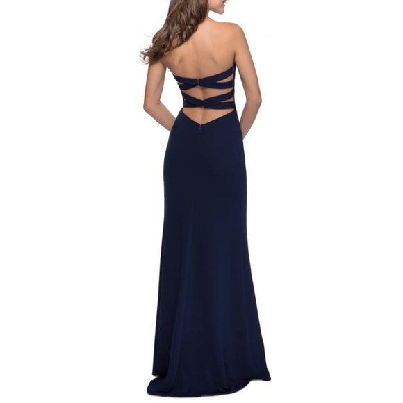 La Femme 28835 Strapless Faux Wrap Double Strap Back in Navy - Picture 3 of 3